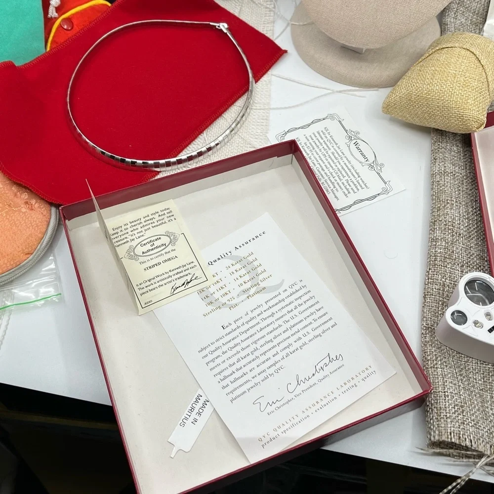 Vintage Kenneth Jay Lane Rhodium-Plated Omega Necklace with Original Box & Pouch - Picture 14 of 17